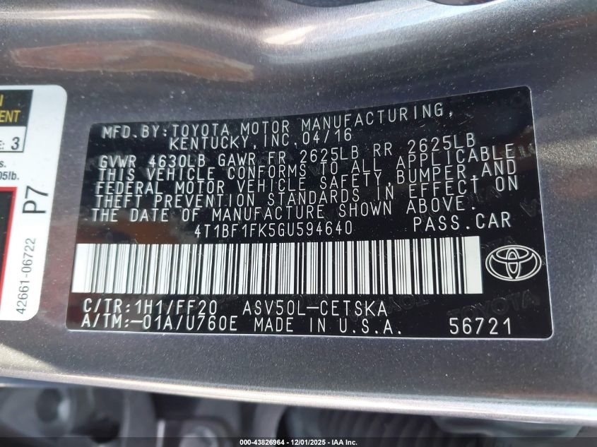 2016 Toyota Camry Se VIN: 4T1BF1FK5GU594640 Lot: 43826964