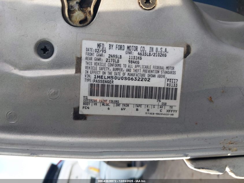 1995 Mercury Sable Gs VIN: 1MELM50U0SG632202 Lot: 43826972