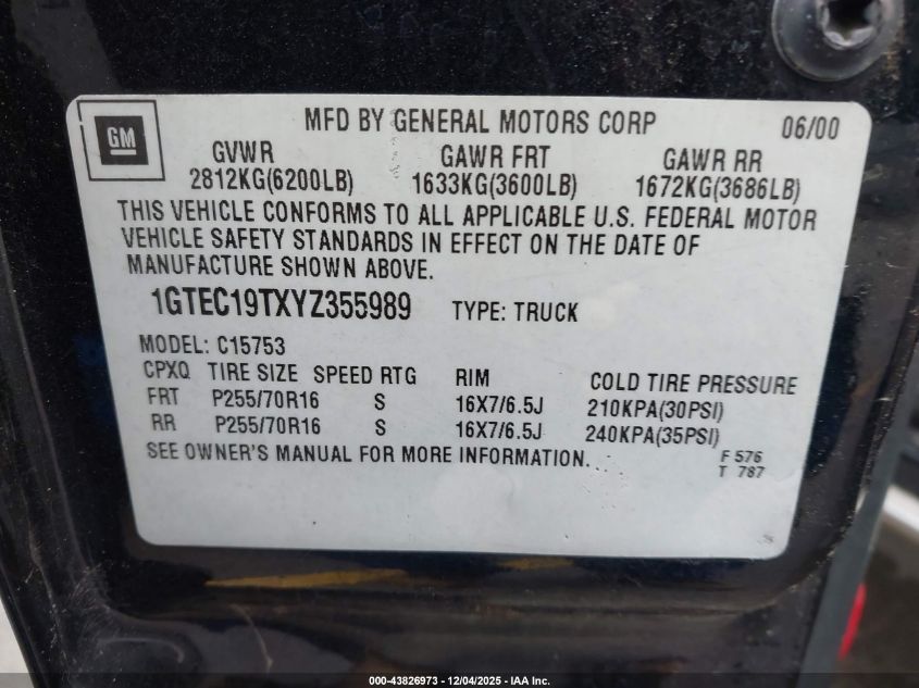 2000 GMC Sierra 1500 Sle VIN: 1GTEC19TXYZ355989 Lot: 43826973