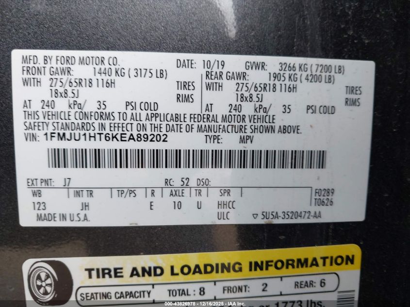 2019 Ford Expedition Xlt VIN: 1FMJU1HT6KEA89202 Lot: 43826978