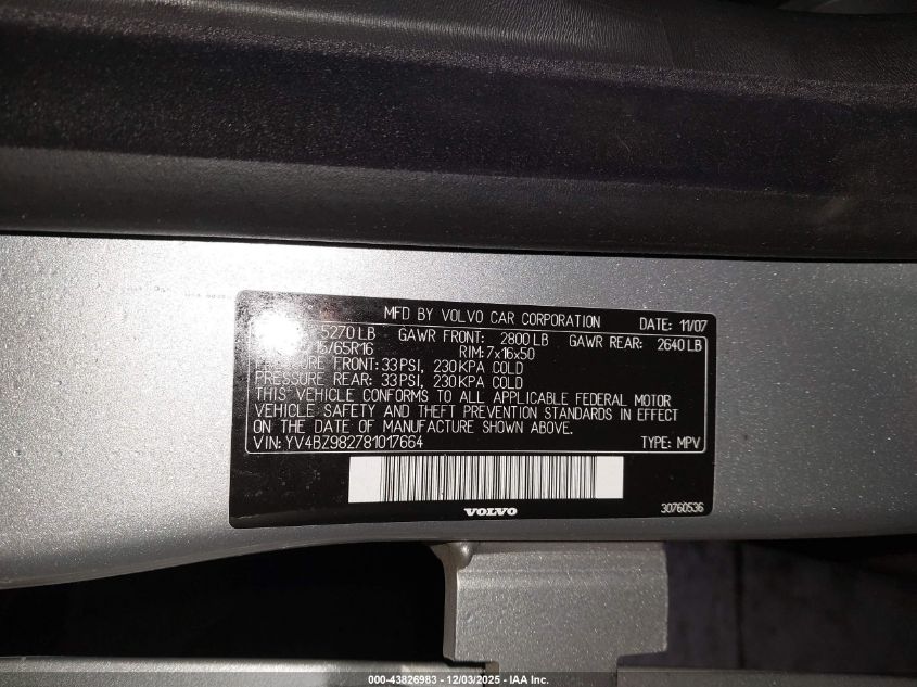 2008 Volvo Xc70 3.2 VIN: YV4BZ982781017664 Lot: 43826983