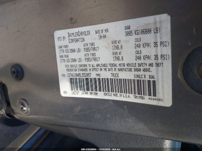 2005 Dodge Ram 1500 Slt/Laramie VIN: 1D7HU18N85J552057 Lot: 43826984