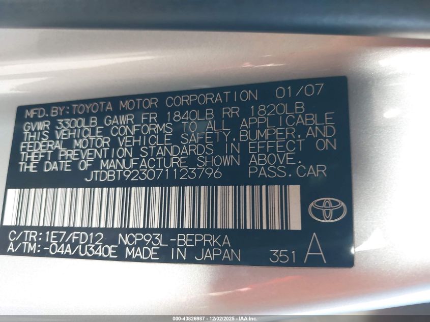 2007 Toyota Yaris VIN: JTDBT923071123796 Lot: 43826987