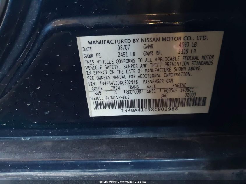 2008 Nissan Maxima 3.5 Se VIN: 1N4BA41E98C802988 Lot: 43826998