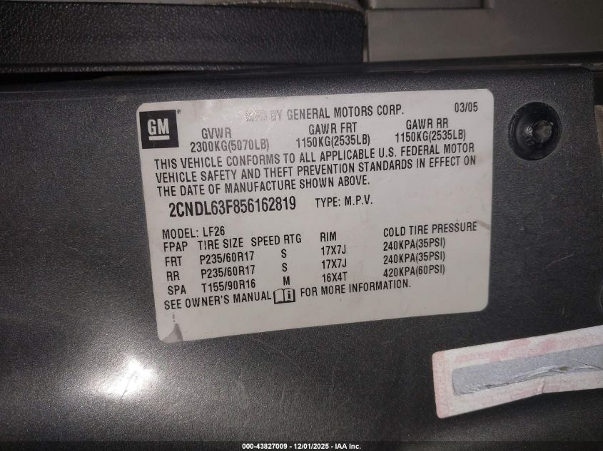 2005 Chevrolet Equinox Lt VIN: 2CNDL63F856162819 Lot: 43827009