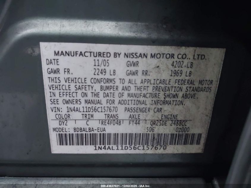 2006 Nissan Altima 2.5 S VIN: 1N4AL11D56C157670 Lot: 43827021