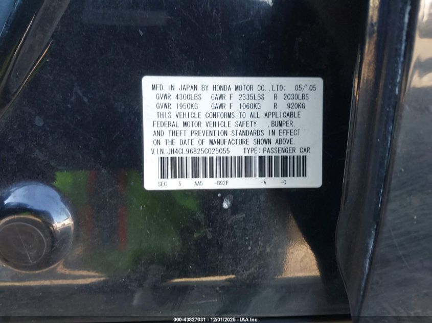 2005 Acura Tsx VIN: JH4CL96825C025055 Lot: 43827031