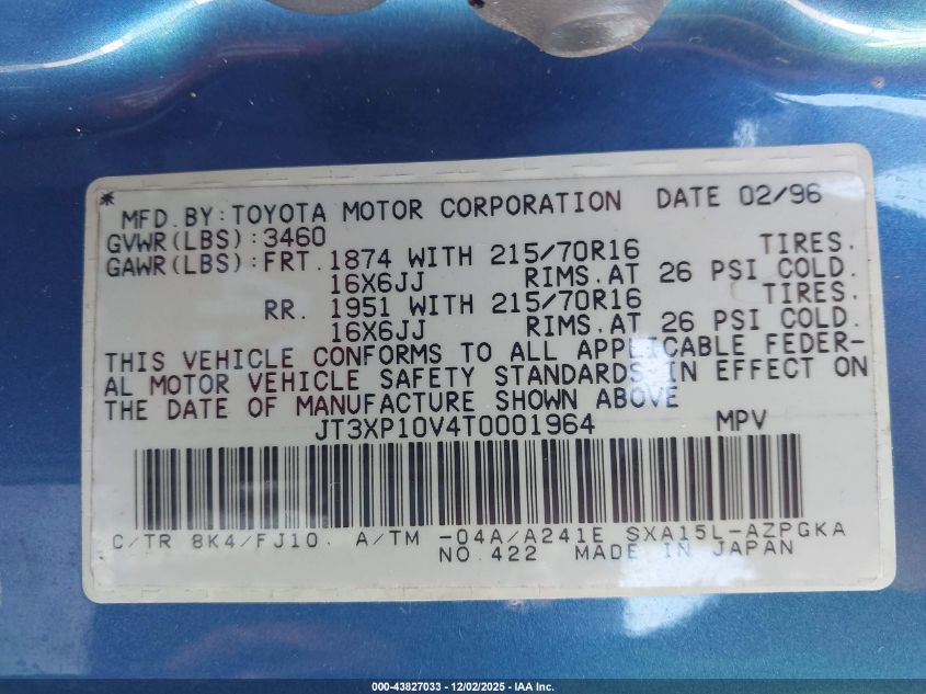 1996 Toyota Rav4 VIN: JT3XP10V4T0001964 Lot: 43827033