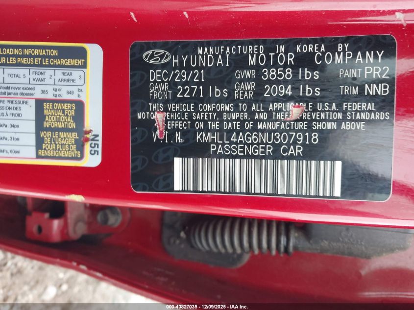 2022 Hyundai Elantra Se VIN: KMHLL4AG6NU307918 Lot: 43827035