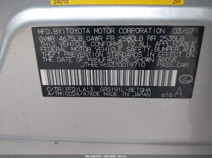 2007 Lexus Gs 350 VIN: JTHBE96S370019710 Lot: 43827039