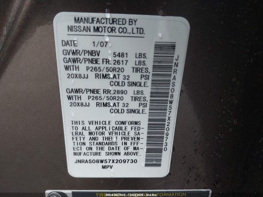 2007 Infiniti Fx35 VIN: JNRAS08W57X209730 Lot: 43827043