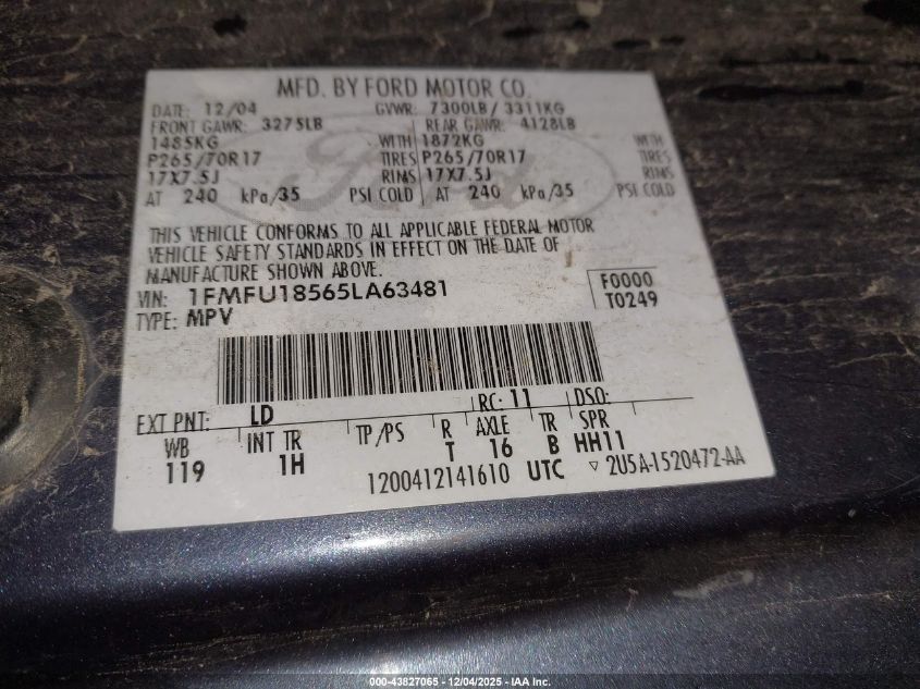2005 Ford Expedition Eddie Bauer/King Ranch VIN: 1FMFU18565LA63481 Lot: 43827065