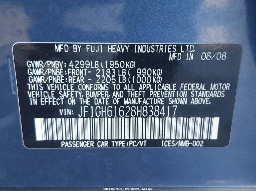 2008 Subaru Impreza 2.5I VIN: JF1GH61628H838417 Lot: 43827066