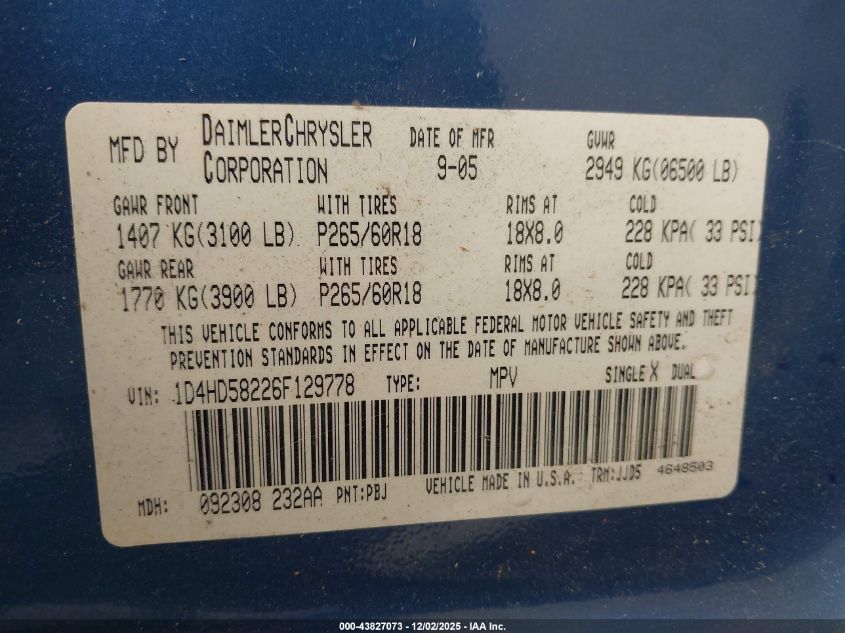 2006 Dodge Durango Limited VIN: 1D4HD58226129778 Lot: 43827073