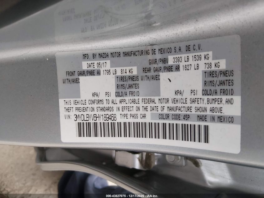 2017 Toyota Yaris Ia VIN: 3MYDLBYV6HY189468 Lot: 43827075