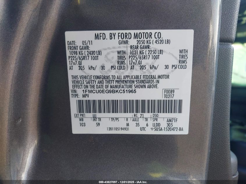 2011 Ford Escape Limited VIN: 1FMCU0EG9BKC51965 Lot: 43827097