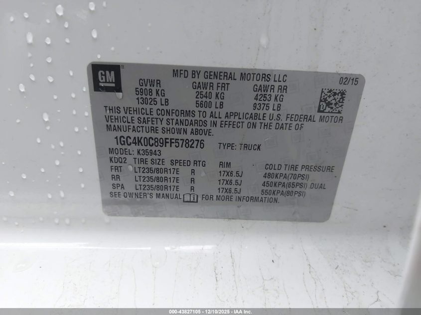 2015 Chevrolet Silverado 3500Hd Ltz VIN: 1GC4K0C89FF578276 Lot: 43827105
