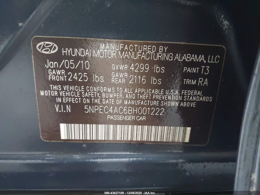 2011 Hyundai Sonata Limited VIN: 5NPEC4AC6BH001222 Lot: 43827109