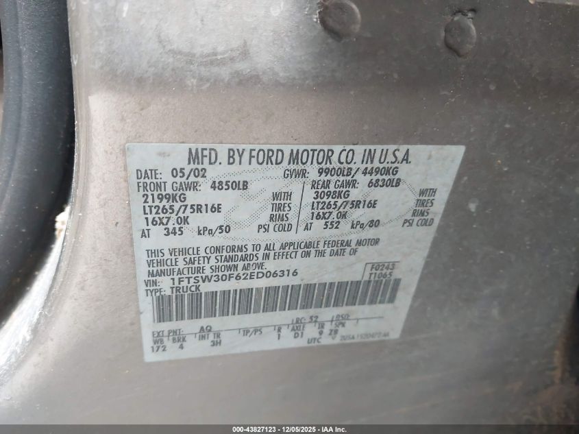 2002 Ford F-350 Lariat/Xl/Xlt VIN: 1FTSW30F62ED06316 Lot: 43827123