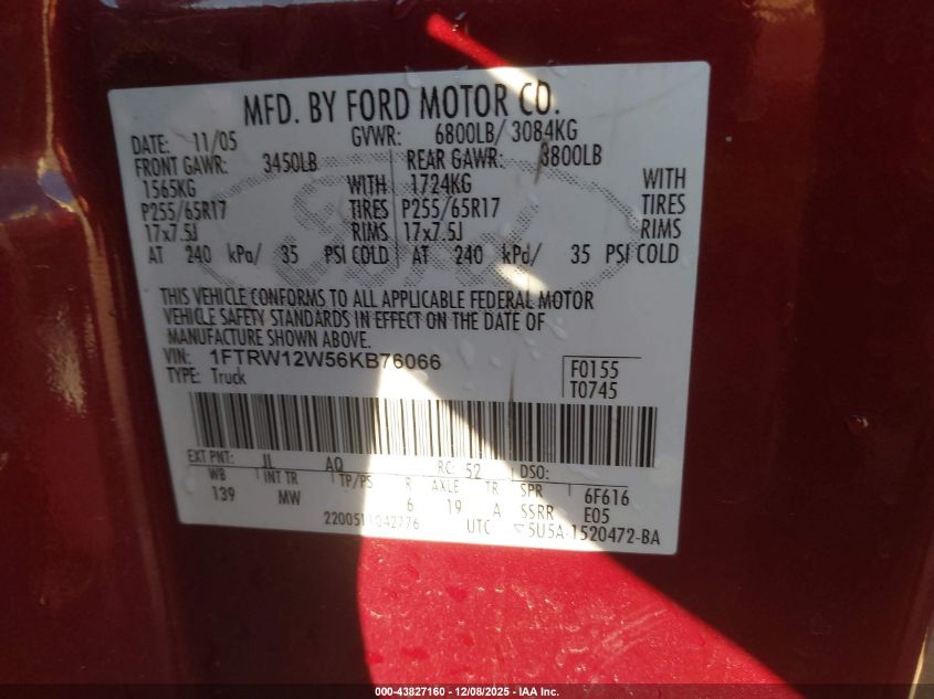 2006 Ford F-150 Xlt VIN: 1FTRW12W56KB76066 Lot: 43827160