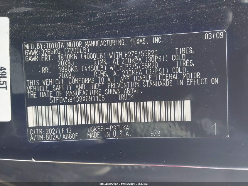 2009 Toyota Tundra Limited 5.7L V8 VIN: 5TFDV58139X091105 Lot: 43827167