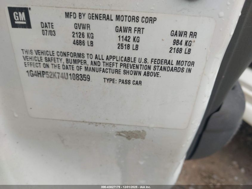 2004 Buick Lesabre Custom VIN: 1G4HP52K74U108359 Lot: 43827179