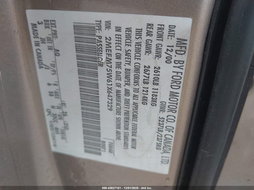 2MEFM75W61X647329 2001 MERCURY GRAND MARQUIS photo no. 9