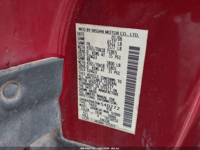 2006 Nissan Titan Le VIN: 1N6BA06B36N540272 Lot: 43827182