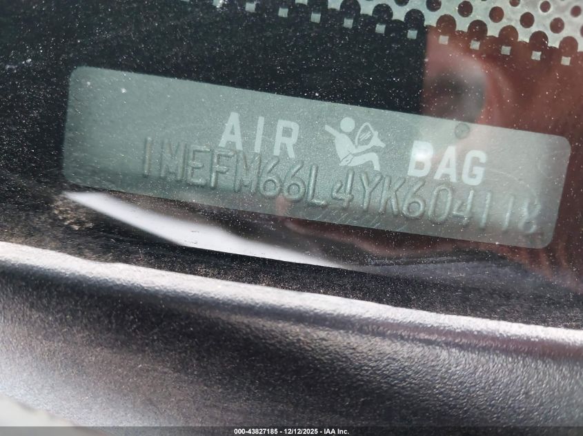 2000 Mercury Mystique Ls VIN: 1MEFM66L4YK604118 Lot: 43827185