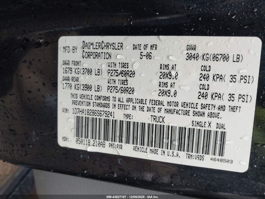 2006 Dodge Ram 1500 Slt VIN: 1D7HA18286S679241 Lot: 43827187