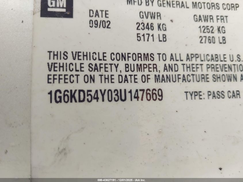 2003 Cadillac Deville Standard VIN: 1G6KD54Y03U147669 Lot: 43827191