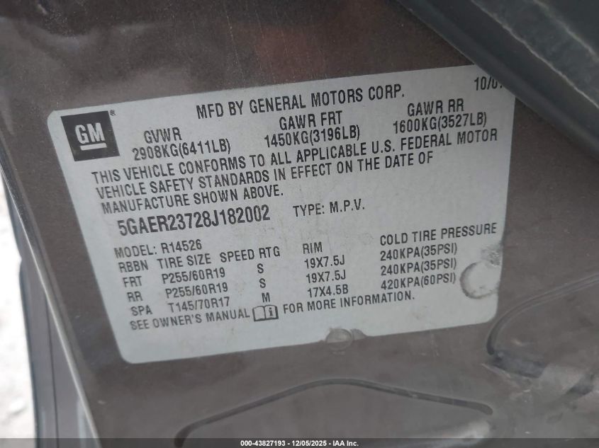 2008 Buick Enclave Cxl VIN: 5GAER23728J182002 Lot: 43827193