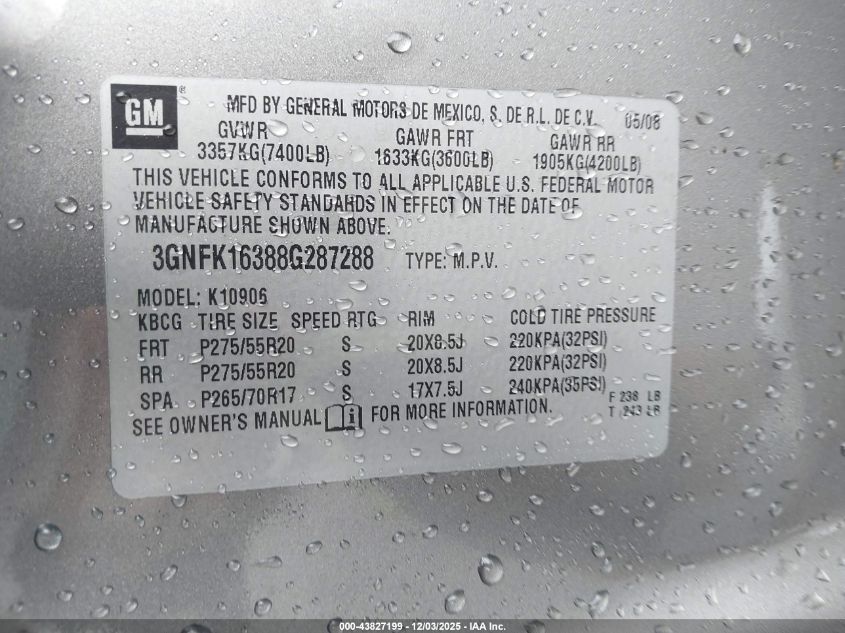 2008 Chevrolet Suburban 1500 Lt VIN: 3GNFK16388G287288 Lot: 43827199