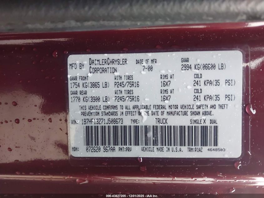 2001 Dodge Ram 1500 St VIN: 1B7HF13Z71J508673 Lot: 43827205