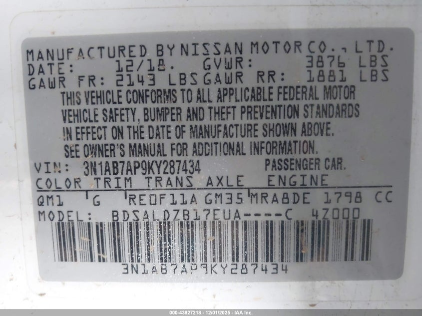 3N1AB7AP9KY287434 2019 NISSAN SENTRA photo no. 9