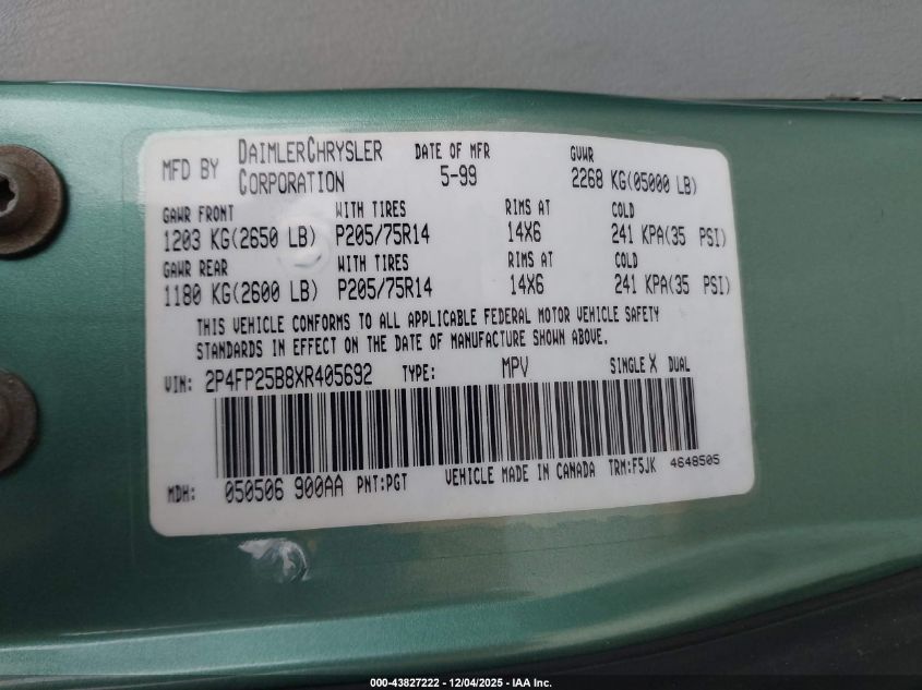 1999 Plymouth Voyager VIN: 2P4FP25B8XR405692 Lot: 43827222