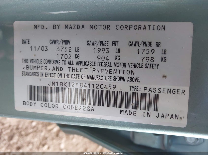JM1BK12F841120459 2004 MAZDA 3 photo no. 9