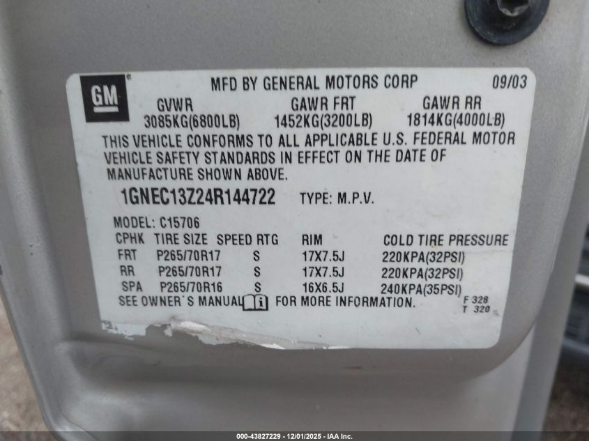 2004 Chevrolet Tahoe Lt VIN: 1GNEC13Z24R144722 Lot: 43827229