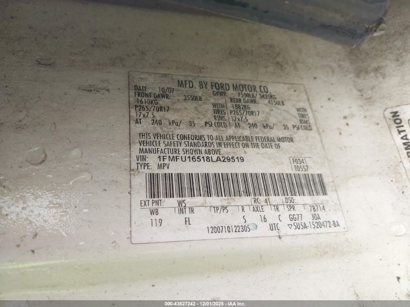 2008 Ford Expedition Xlt VIN: 1FMFU16518LA29519 Lot: 43827242