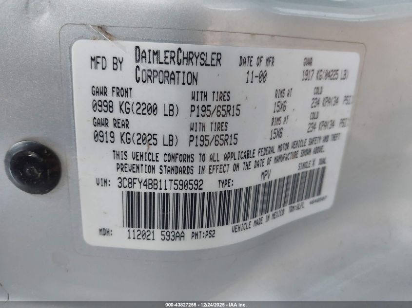 2001 Chrysler Pt Cruiser VIN: 3C8FY4BB11T590592 Lot: 43827255