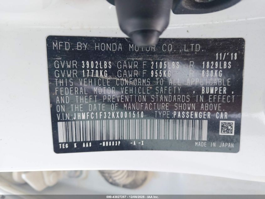 2019 Honda Civic Ex VIN: JHMFC1F32KX001510 Lot: 43827257