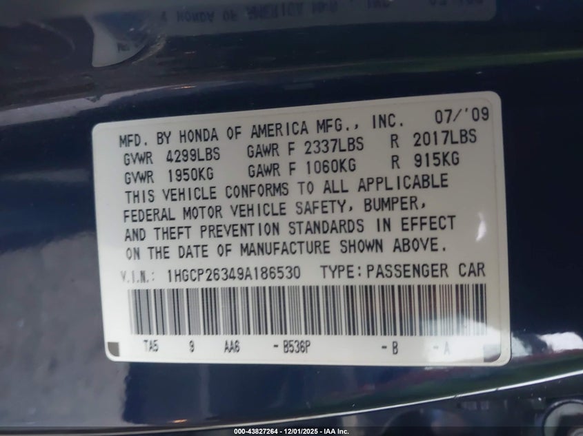 1HGCP26349A186530 2009 HONDA ACCORD photo no. 9