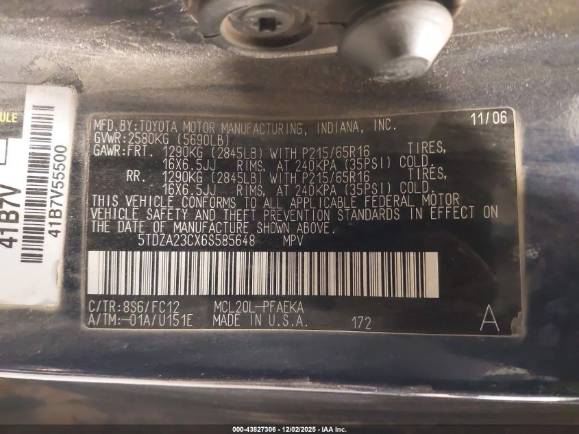 2006 Toyota Sienna Le VIN: 5TDZA23CX6S585648 Lot: 43827306