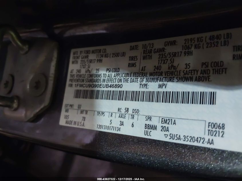 2014 Ford Escape Se VIN: 1FMCU9G90EUB46890 Lot: 43827322