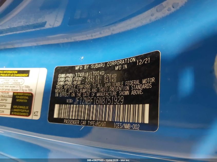 2022 Toyota Gr86 Premium VIN: JF1ZNBF16N8751929 Lot: 43827323