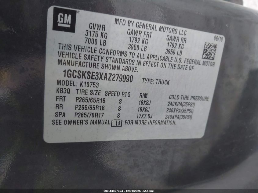 2010 Chevrolet Silverado 1500 Lt VIN: 1GCSKSE3XAZ279990 Lot: 43827324