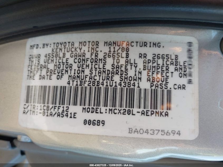 2001 Toyota Avalon Xl VIN: 4T1BF28B41U143841 Lot: 43827325