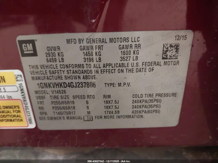 2016 Chevrolet Traverse 2Lt VIN: 1GNKVHKD4GJ237806 Lot: 43827342