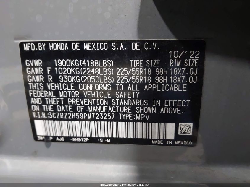 2023 Honda Hr-V Awd Sport VIN: 3CZRZ2H59PM723257 Lot: 43827346