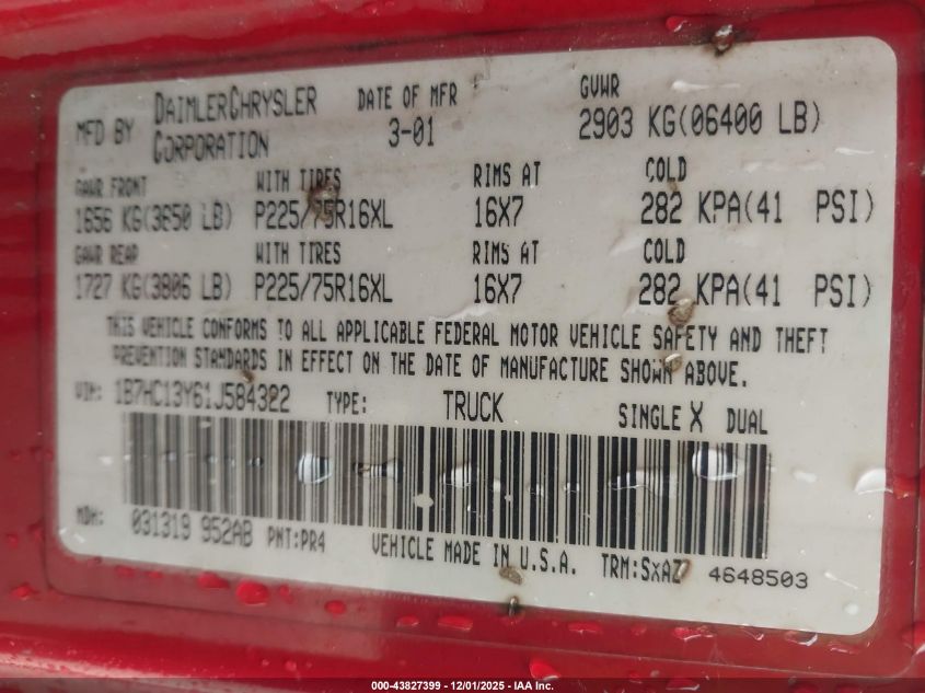 2001 Dodge Ram 1500 St VIN: 1B7HC13Y61J584322 Lot: 43827399